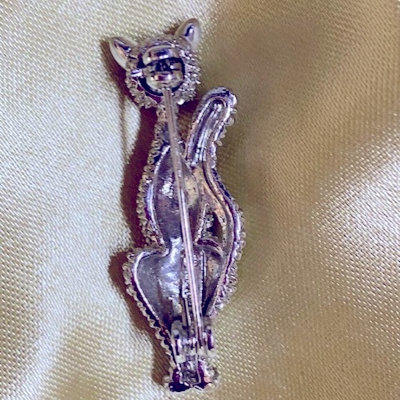 Vintage Crystal Rhinestone Green Eyed Cat Brooch Pin - Picture 5 of 8